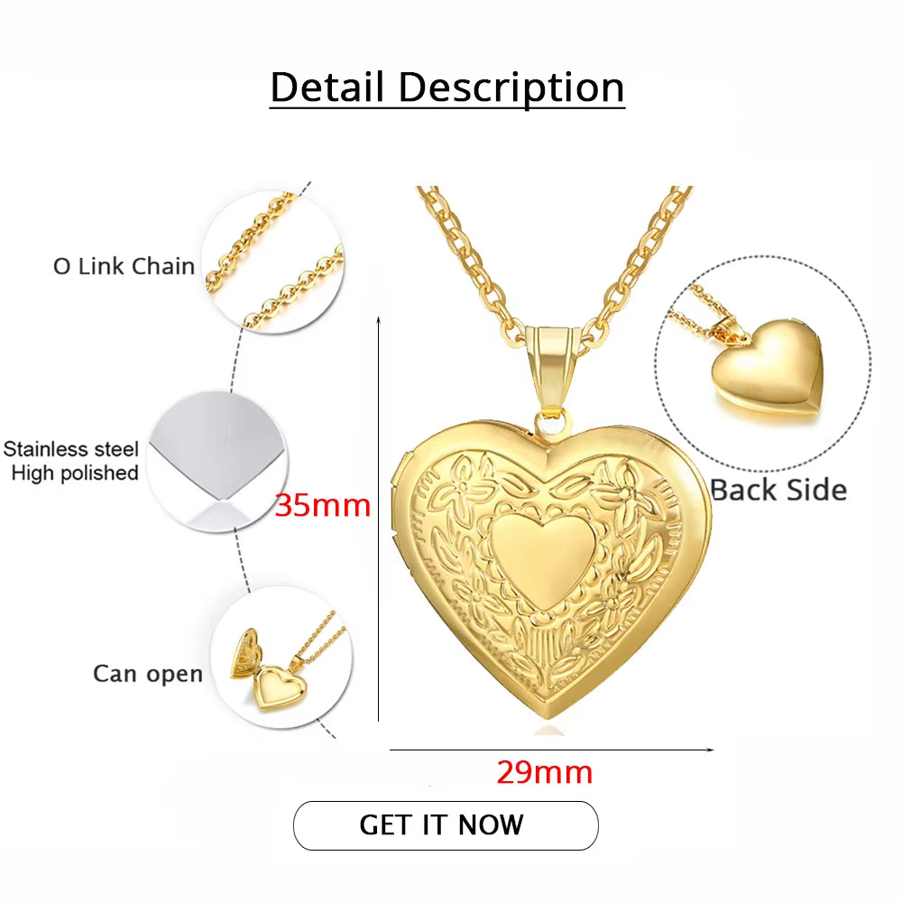 Romantic Heart Locket Pendants Female Gold Silver Color Stainless Steel Memorial Necklace for Women Jewelry Valentine Gift