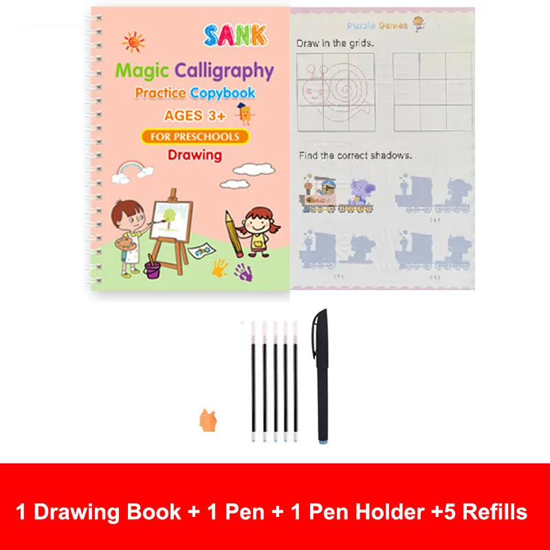 4Pcs Sank Magic Practice Copybook Pen Preschools Kids Calligraphy English Verison Free Wiping Children Reusable Writing Book